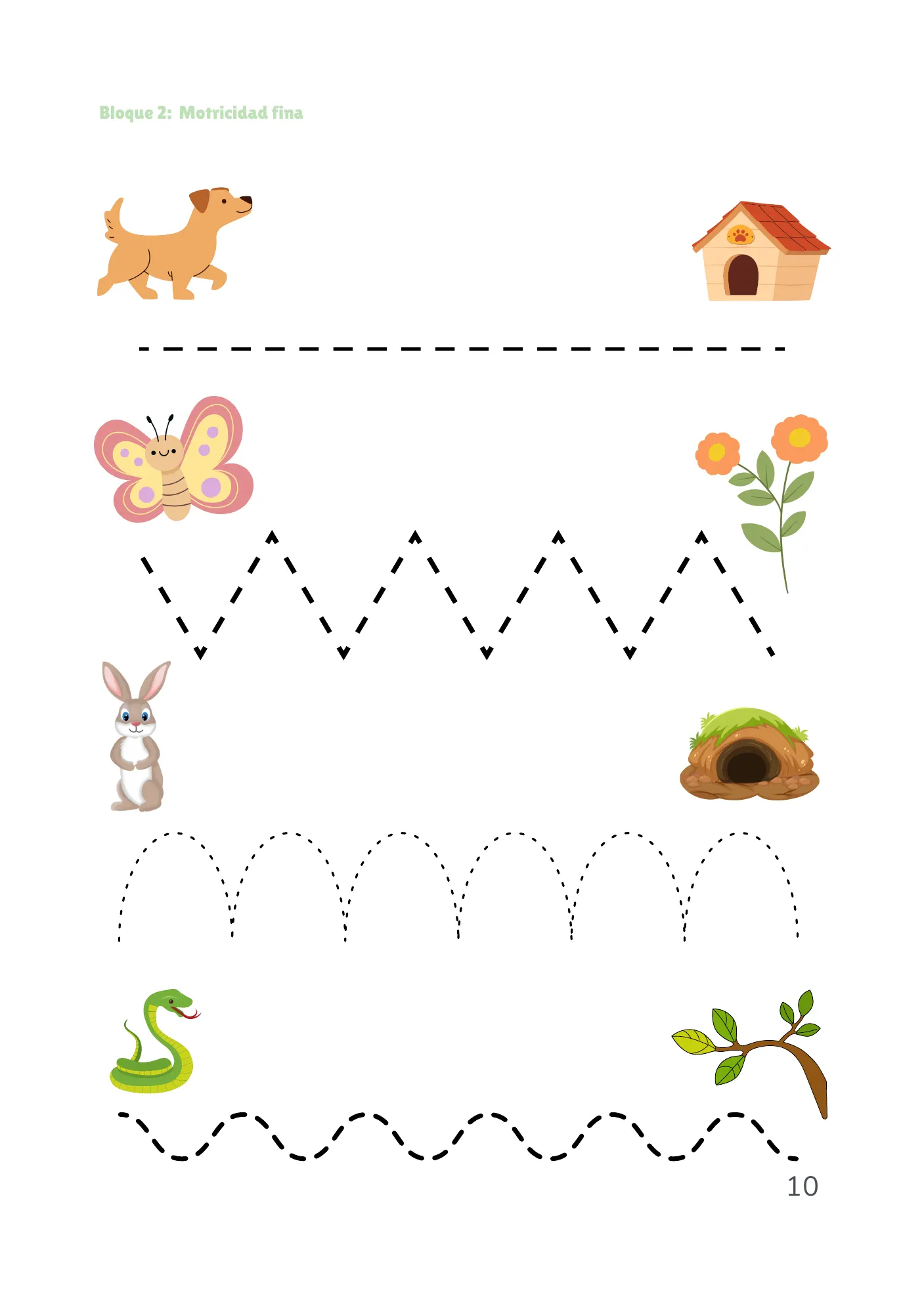Página del bloque de motricidad fina: cuatro trazos punteados para repasar con el lápiz, recto, en zigzag, en curvas y en ondas, que llevan al perro hasta su caseta, a la mariposa hasta las flores, al conejo hasta su madriguera y a la serpiente hasta la rama.