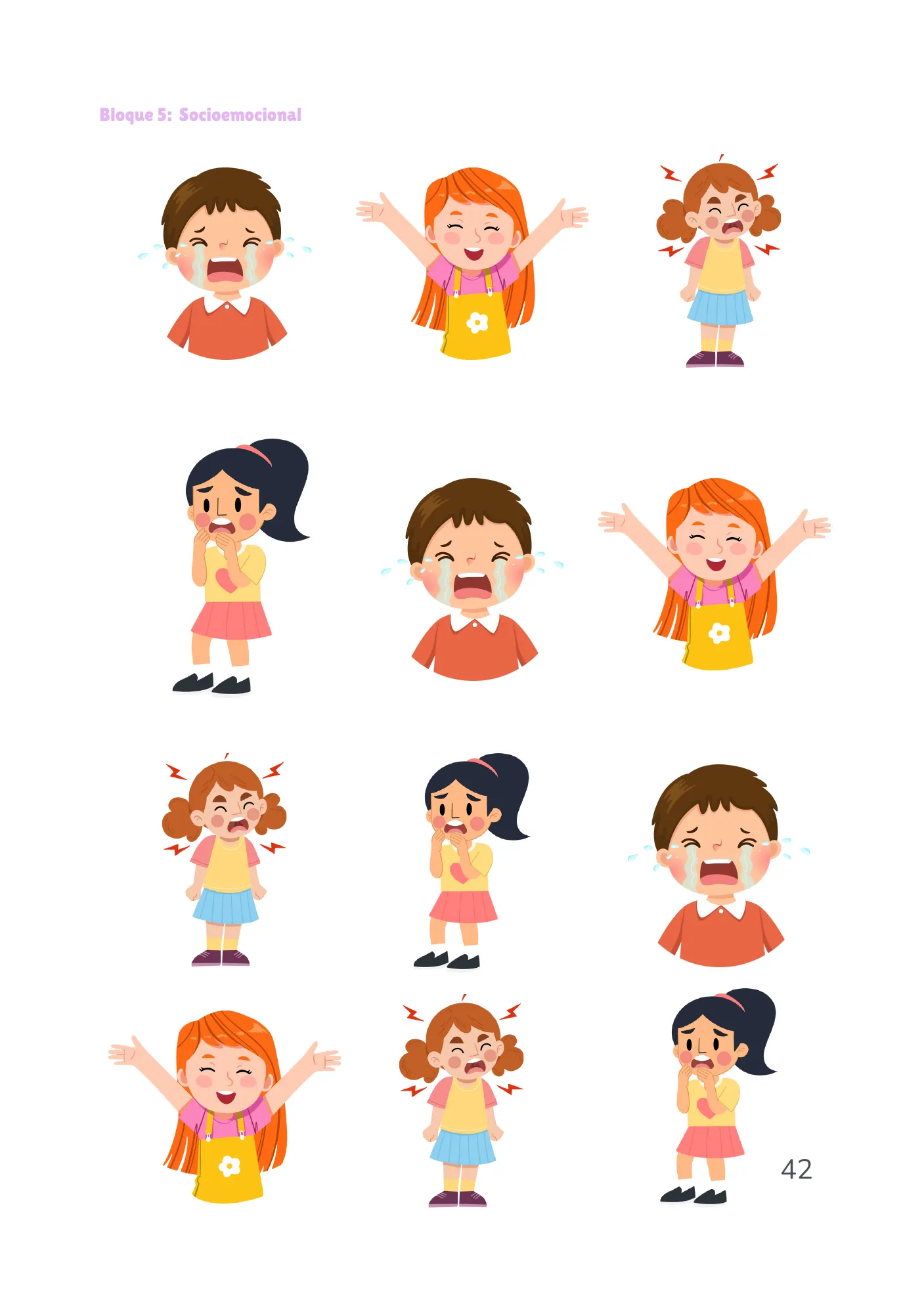 Página del bloque socioemocional: doce niños y niñas ilustrados poniendo caras de alegría, llanto, enfado y miedo, para reconocer cada emoción y ponerle nombre.